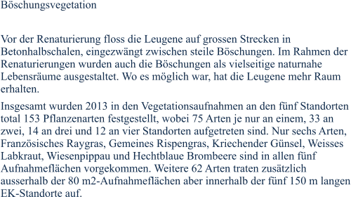 Böschungsvegetation  Vor der Renaturierung floss die Leugene auf grossen Strecken in Betonhalbschalen, eingezwängt zwischen steile Böschungen. Im Rahmen der Renaturierungen wurden auch die Böschungen als vielseitige naturnahe Lebensräume ausgestaltet. Wo es möglich war, hat die Leugene mehr Raum erhalten. Insgesamt wurden 2013 in den Vegetationsaufnahmen an den fünf Standorten total 153 Pflanzenarten festgestellt, wobei 75 Arten je nur an einem, 33 an zwei, 14 an drei und 12 an vier Standorten aufgetreten sind. Nur sechs Arten, Französisches Raygras, Gemeines Rispengras, Kriechender Günsel, Weisses Labkraut, Wiesenpippau und Hechtblaue Brombeere sind in allen fünf Aufnahmeflächen vorgekommen. Weitere 62 Arten traten zusätzlich ausserhalb der 80 m2-Aufnahmeflächen aber innerhalb der fünf 150 m langen EK-Standorte auf.